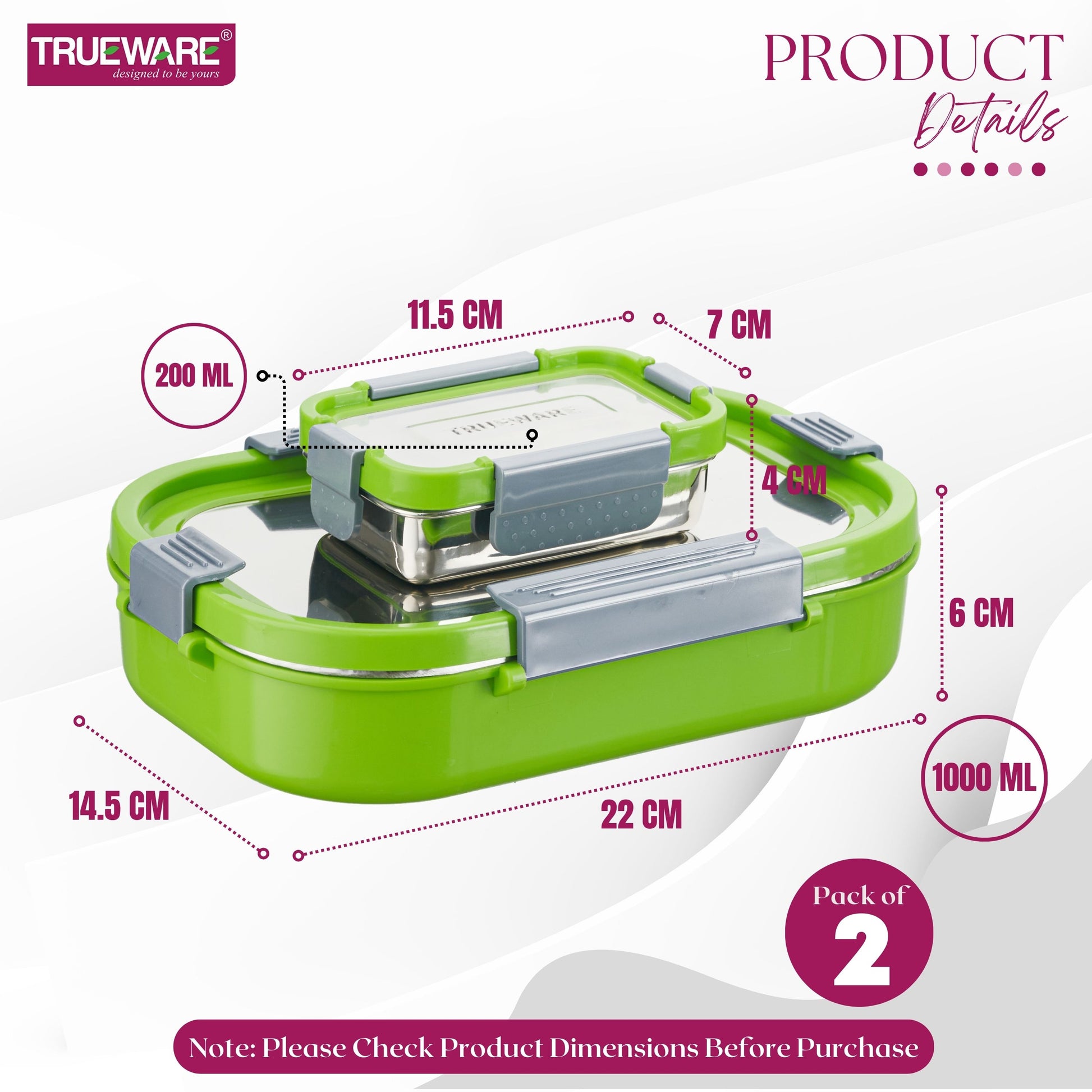 Trueware Clip Flip Lunch Box Inner Steel Outer Plastic Big Container 1000ml & Veggie Container 200ml