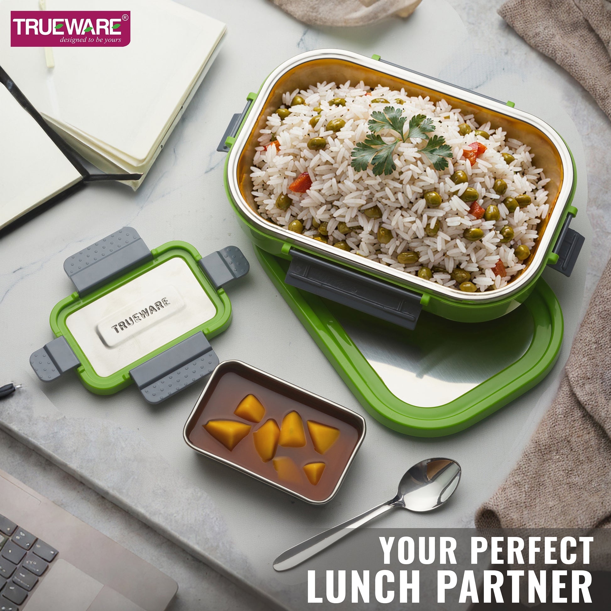Trueware Clip Flip Lunch Box Inner Steel Outer Plastic Big Container 1000ml & Veggie Container 200ml