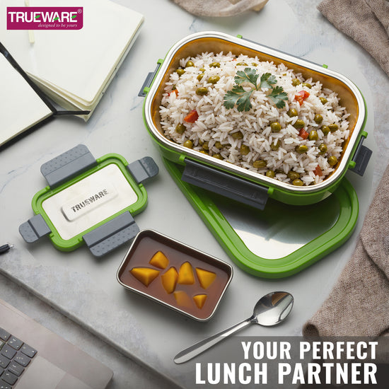 Trueware Clip Flip Lunch Box Inner Steel Outer Plastic Big Container 1000ml & Veggie Container 200ml