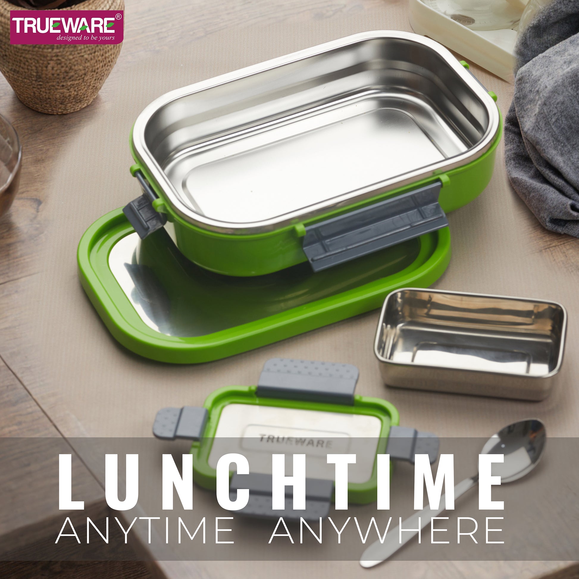 Trueware Clip Flip Lunch Box Inner Steel Outer Plastic Big Container 1000ml & Veggie Container 200ml
