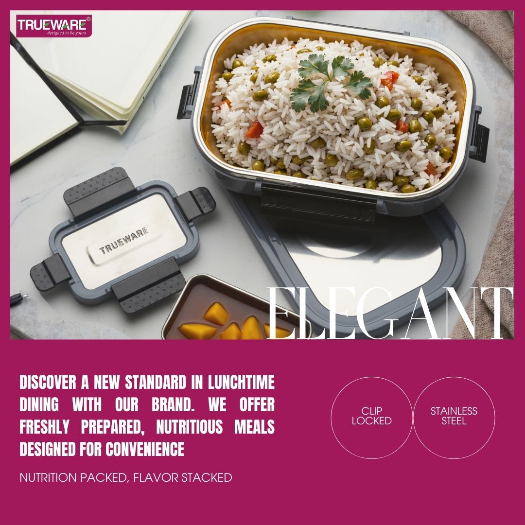 Trueware Clip Flip Lunch Box Inner Steel Outer Plastic Big Container 1000ml & Veggie Container 200ml
