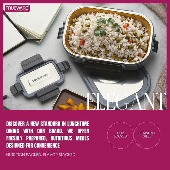 Trueware Clip Flip Lunch Box Inner Steel Outer Plastic Big Container 1000ml & Veggie Container 200ml