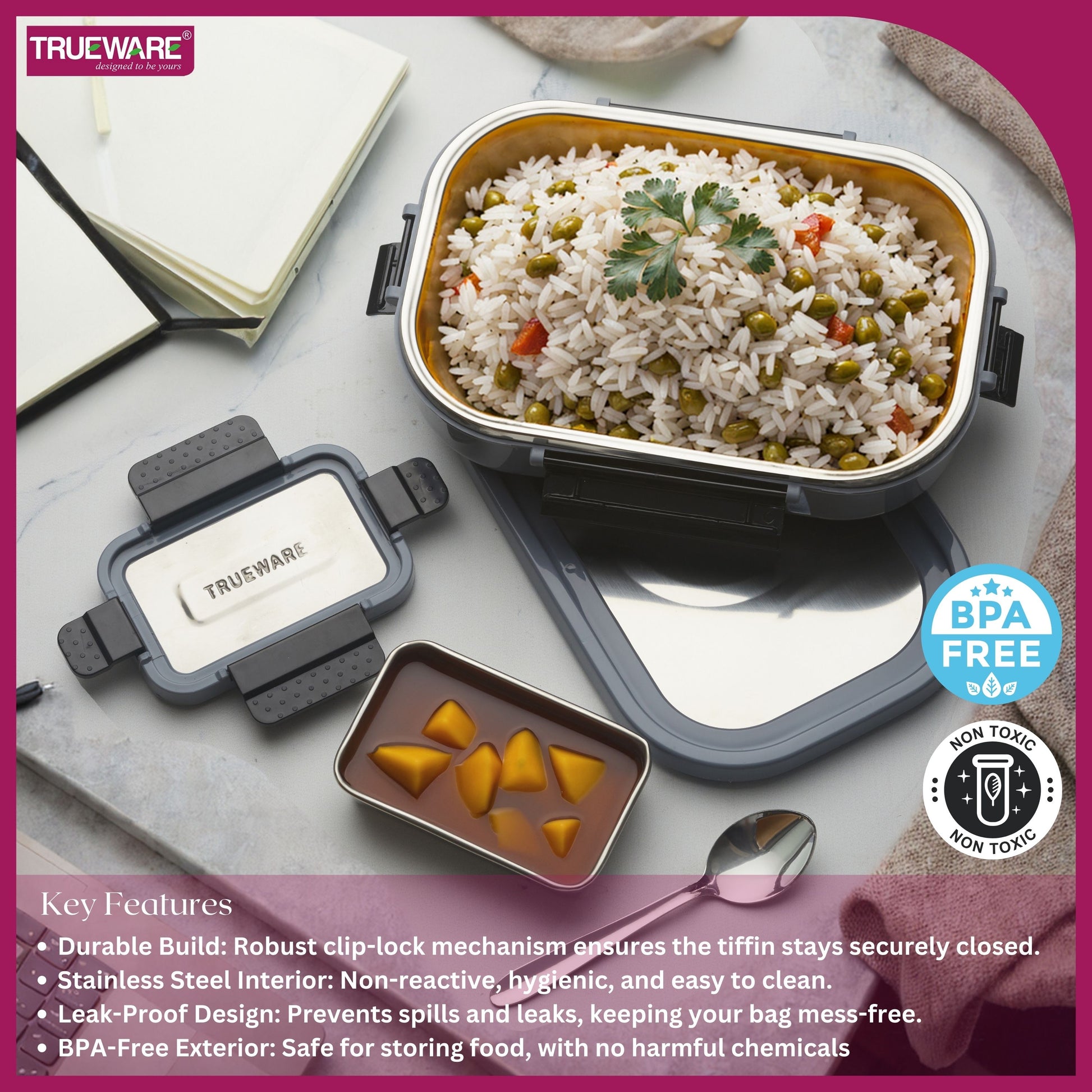 Trueware Clip Flip Lunch Box Inner Steel Outer Plastic Big Container 1000ml & Veggie Container 200ml