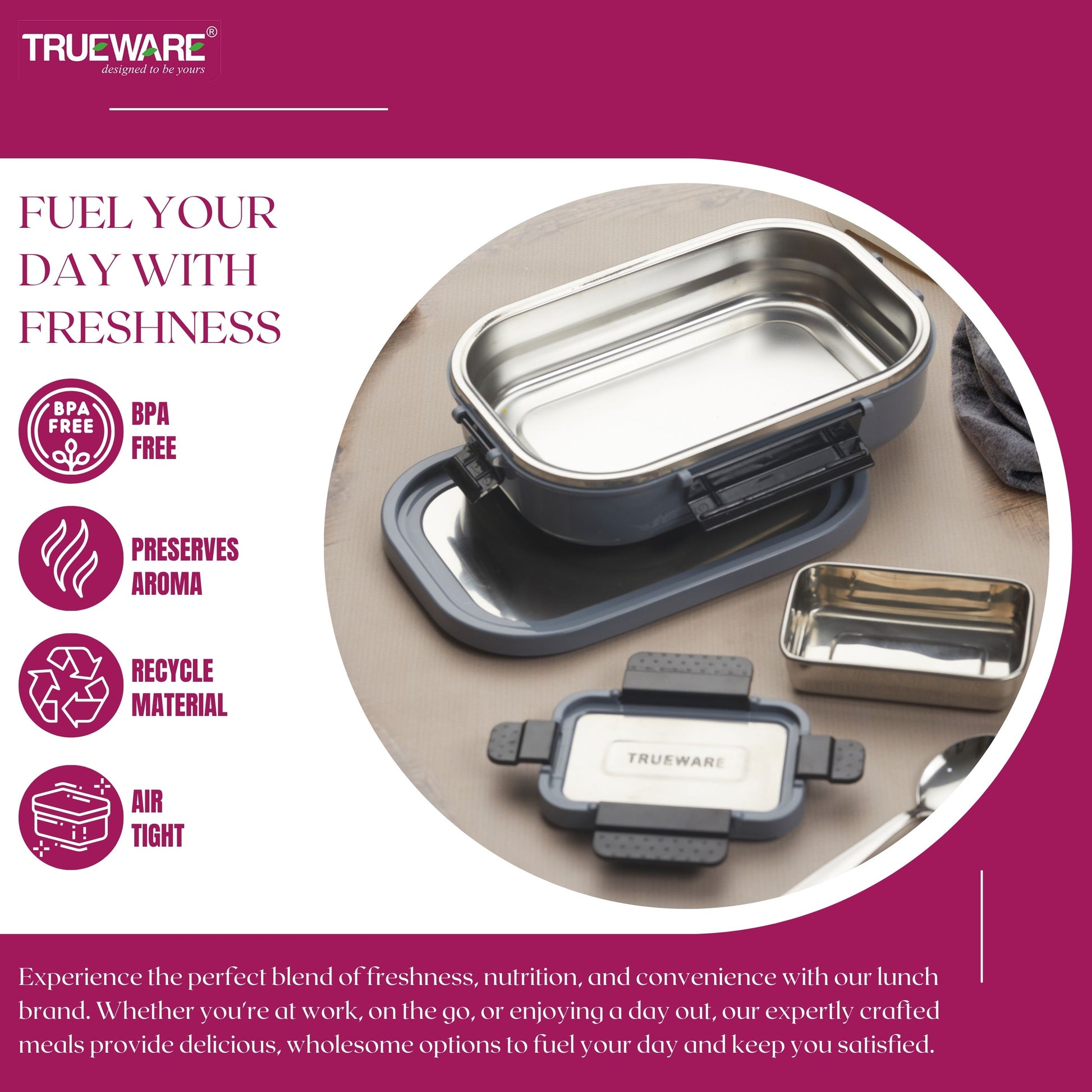 Trueware Clip Flip Lunch Box Inner Steel Outer Plastic Big Container 1000ml & Veggie Container 200ml