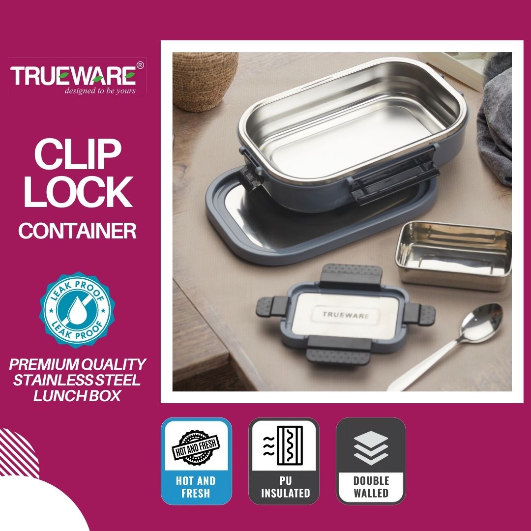 Trueware Clip Flip Lunch Box Inner Steel Outer Plastic Big Container 1000ml & Veggie Container 200ml