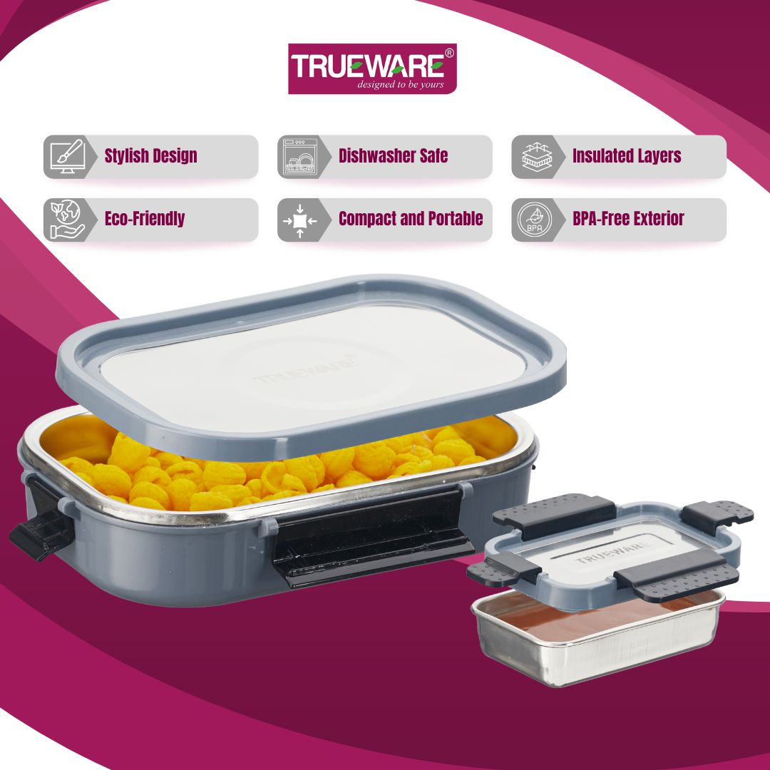 Trueware Clip Flip Lunch Box Inner Steel Outer Plastic Big Container 1000ml & Veggie Container 200ml