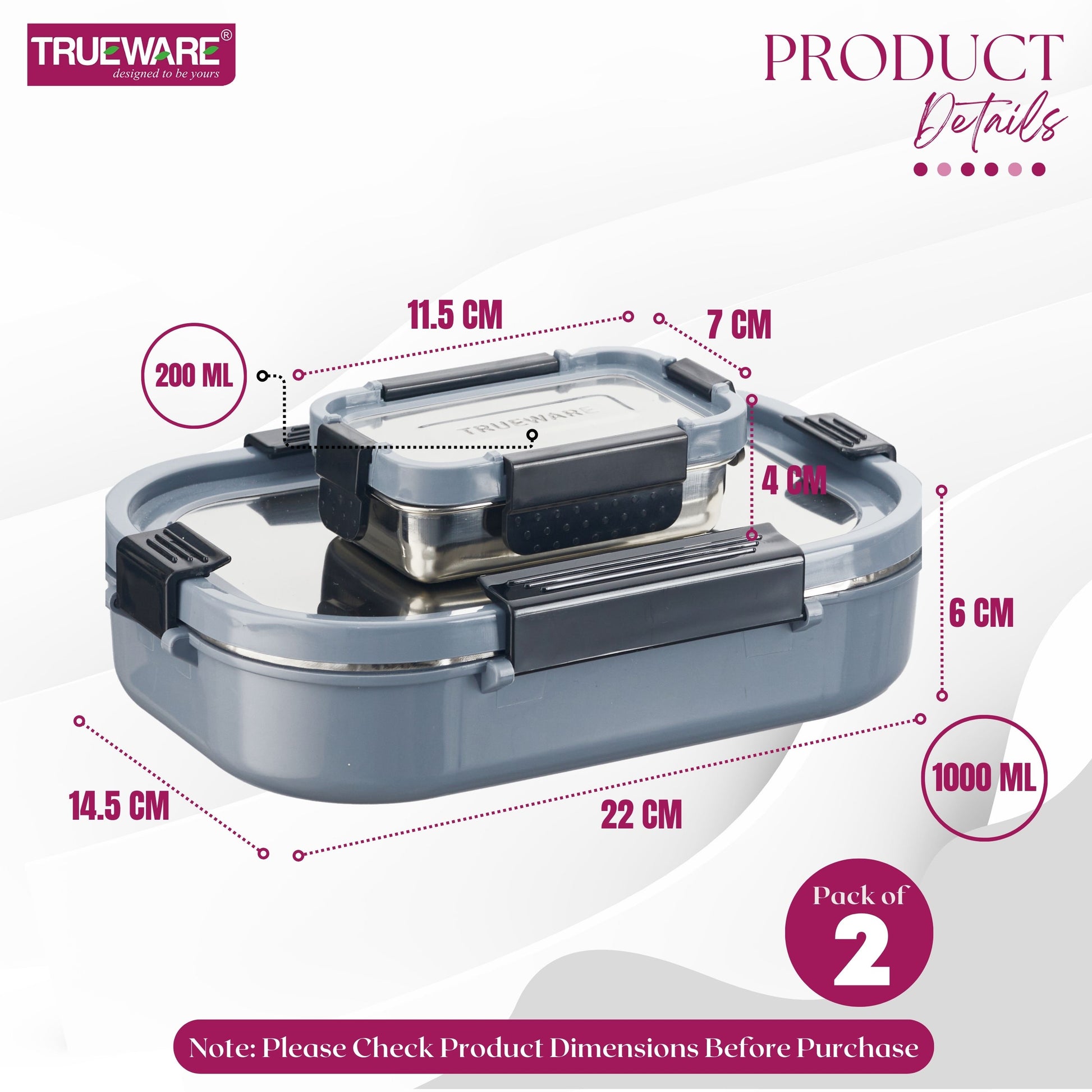 Trueware Clip Flip Lunch Box Inner Steel Outer Plastic Big Container 1000ml & Veggie Container 200ml