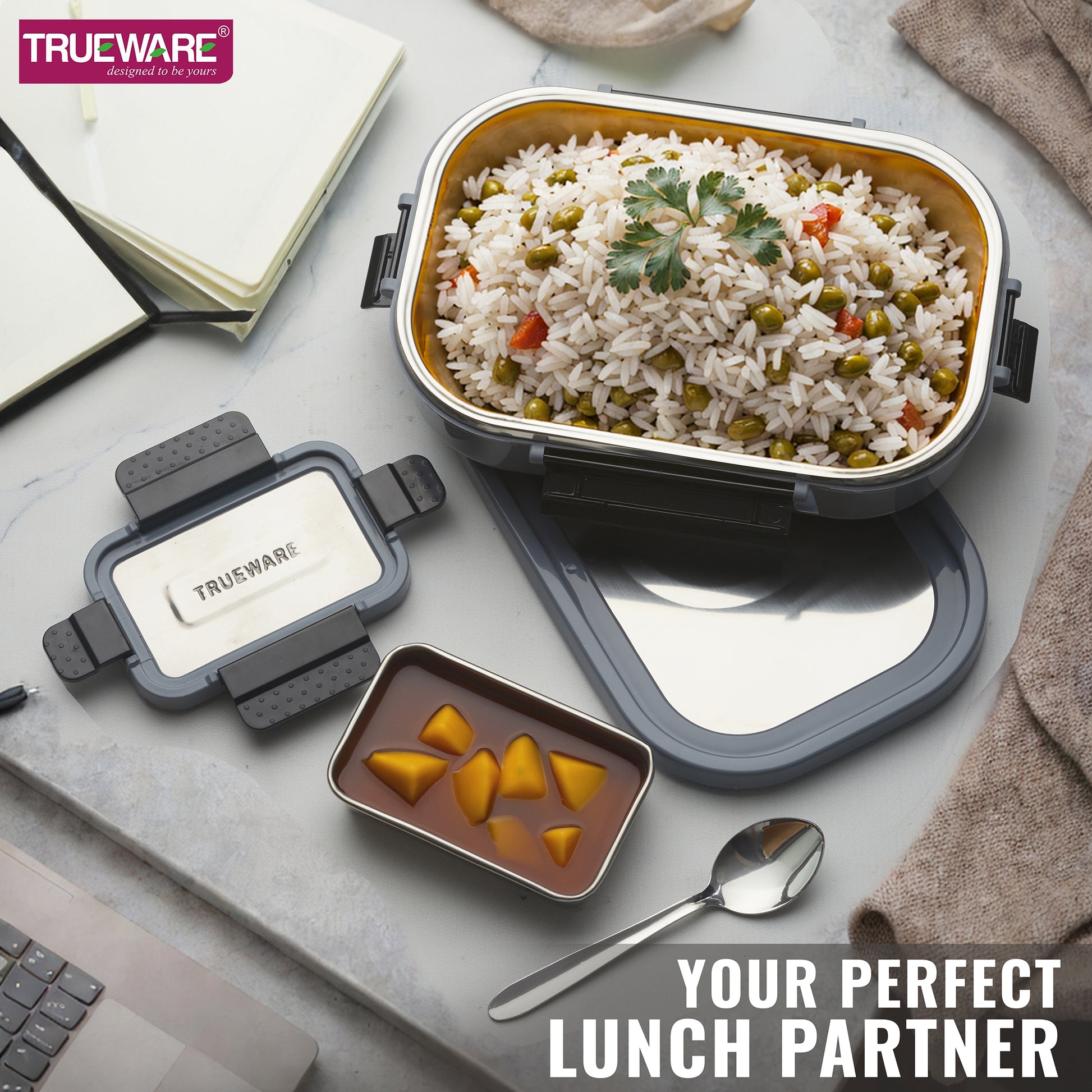 Trueware Clip Flip Lunch Box Inner Steel Outer Plastic Big Container 1000ml & Veggie Container 200ml