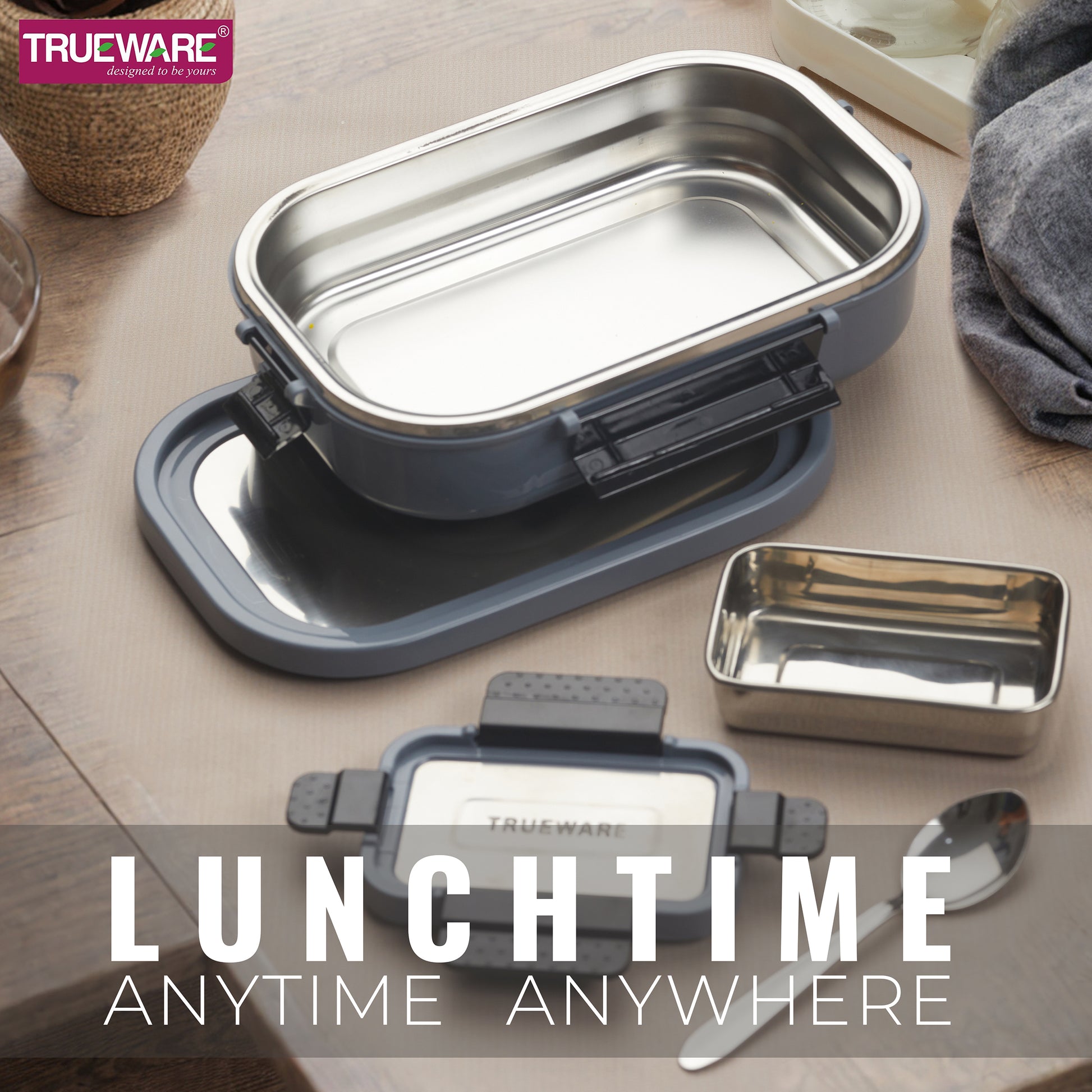 Trueware Clip Flip Lunch Box Inner Steel Outer Plastic Big Container 1000ml & Veggie Container 200ml