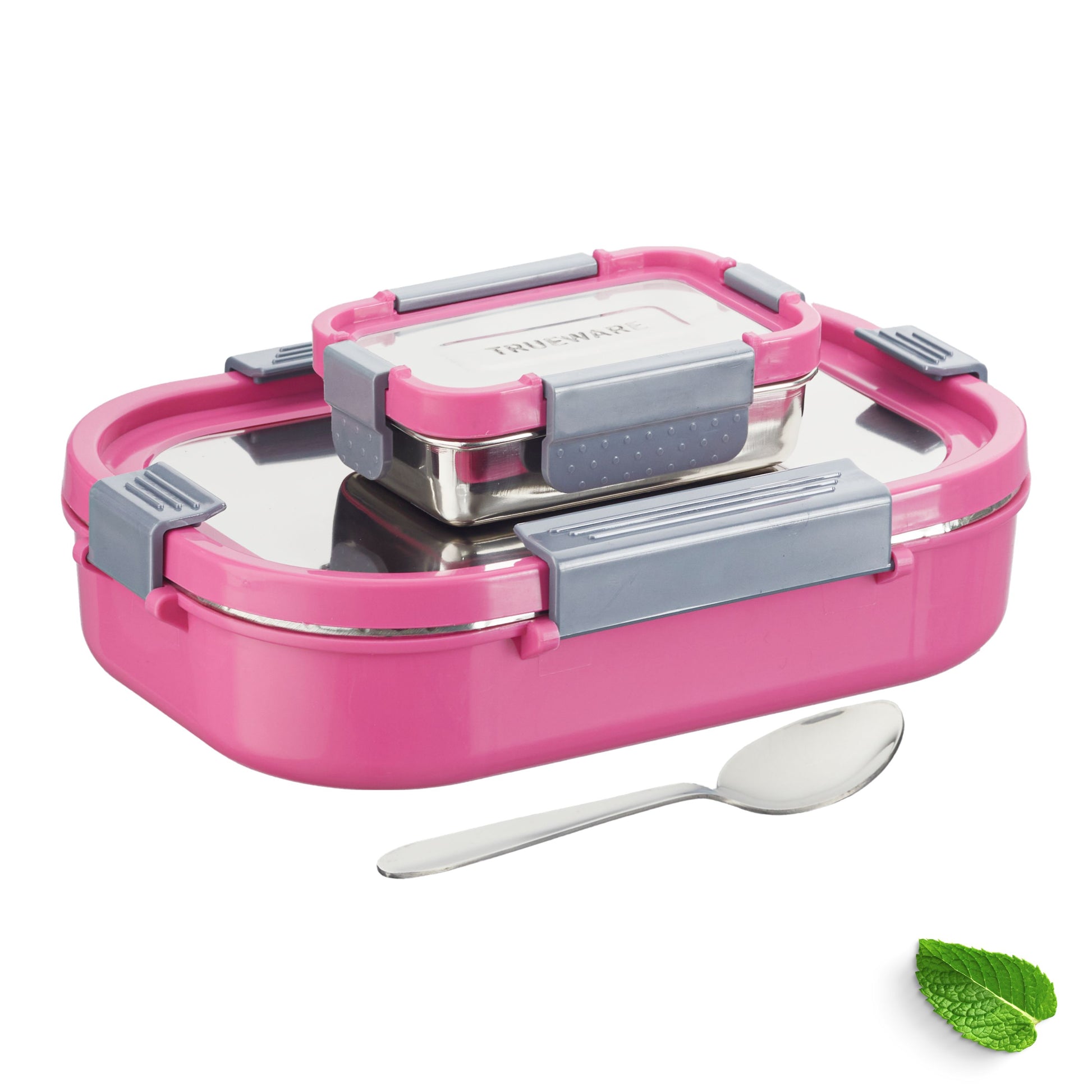 Trueware Clip Flip Lunch Box Inner Steel Outer Plastic Big Container 1000ml & Veggie Container 200ml