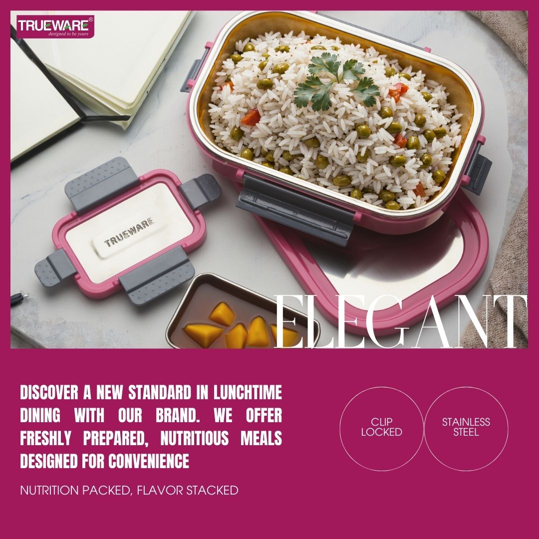 Trueware Clip Flip Lunch Box Inner Steel Outer Plastic Big Container 1000ml & Veggie Container 200ml