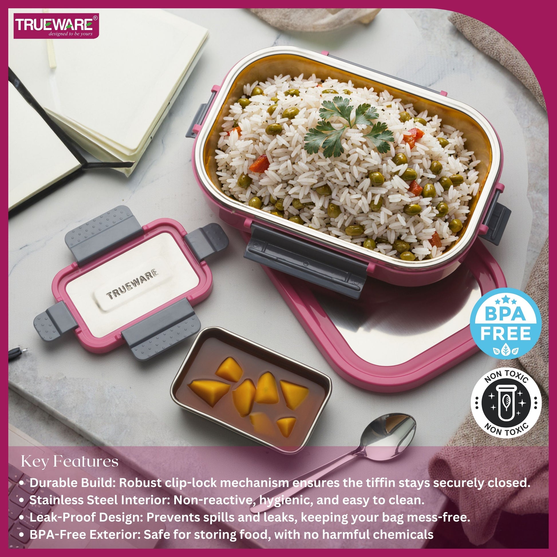 Trueware Clip Flip Lunch Box Inner Steel Outer Plastic Big Container 1000ml & Veggie Container 200ml