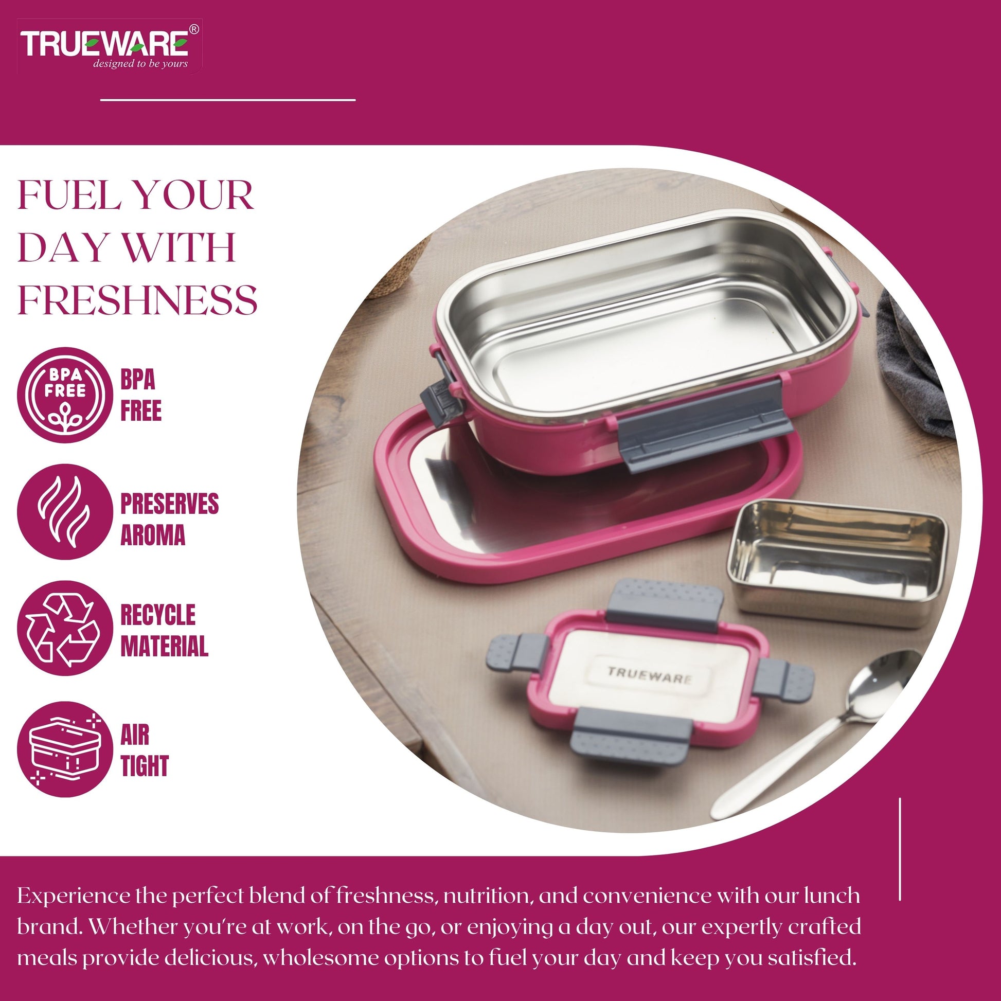 Trueware Clip Flip Lunch Box Inner Steel Outer Plastic Big Container 1000ml & Veggie Container 200ml