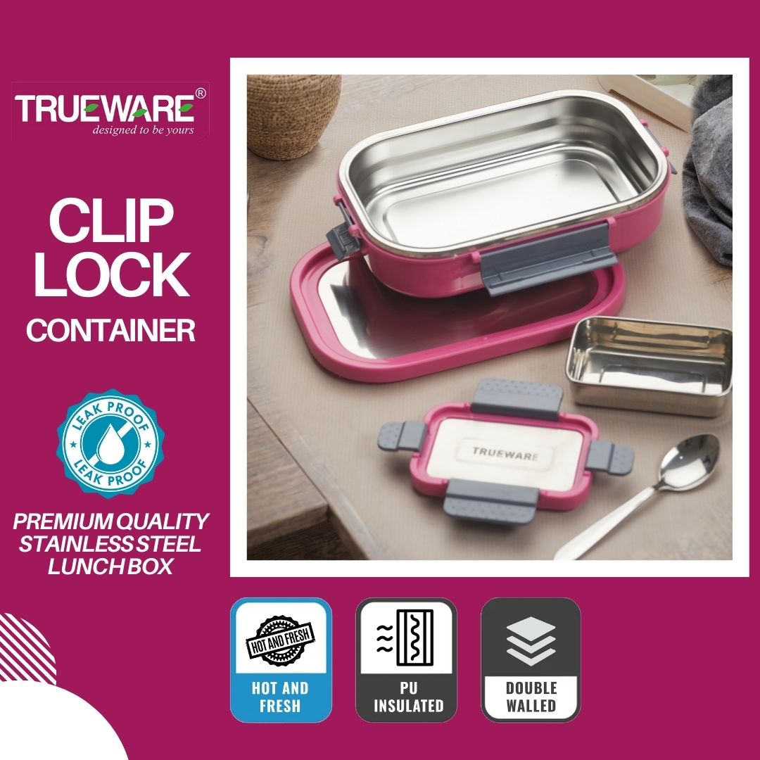 Trueware Clip Flip Lunch Box Inner Steel Outer Plastic Big Container 1000ml & Veggie Container 200ml