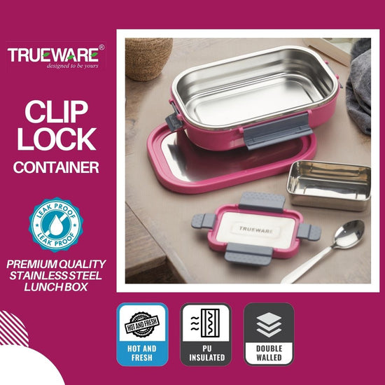 Trueware Clip Flip Lunch Box Inner Steel Outer Plastic Big Container 1000ml & Veggie Container 200ml