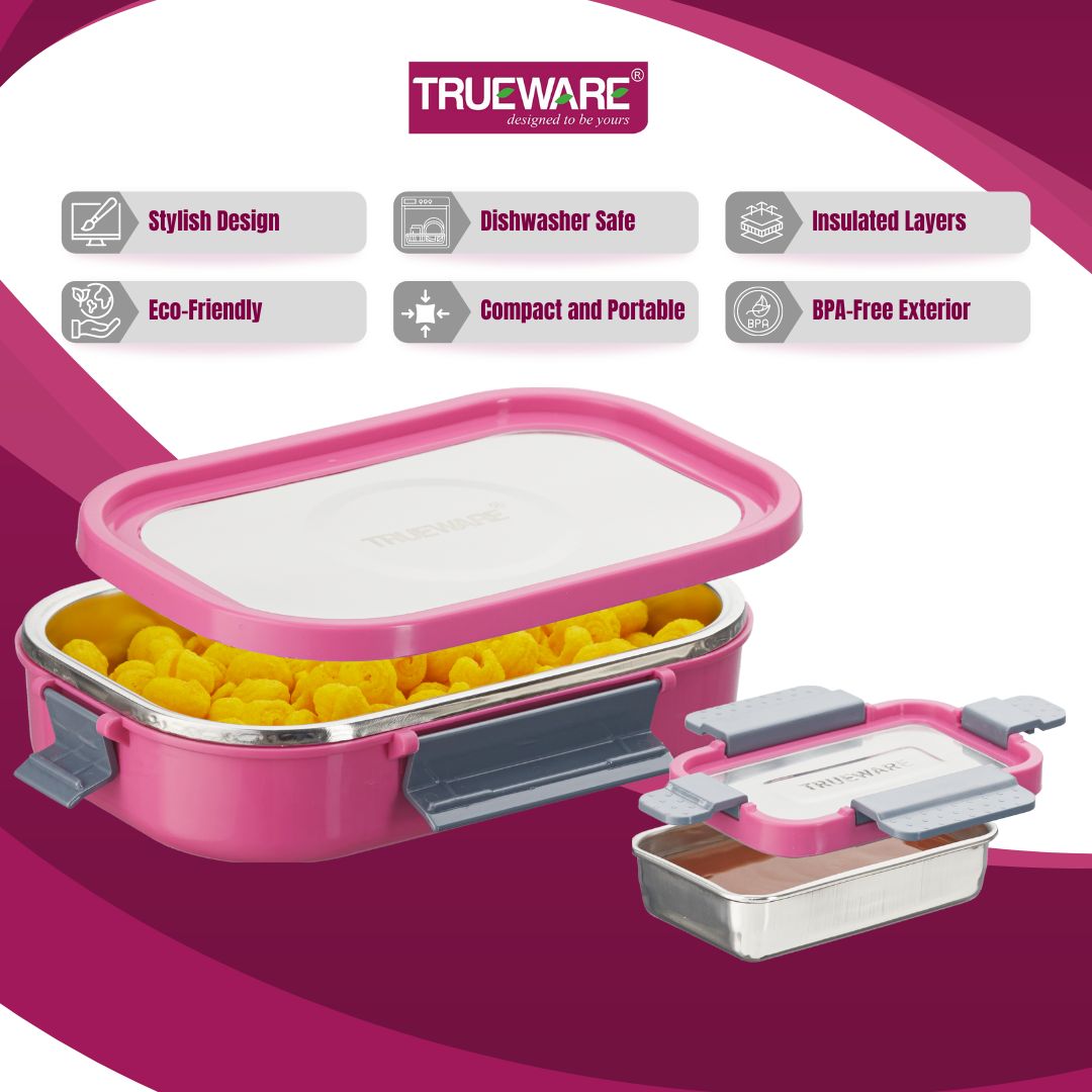 Trueware Clip Flip Lunch Box Inner Steel Outer Plastic Big Container 1000ml & Veggie Container 200ml
