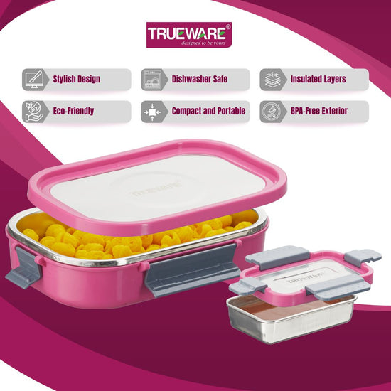 Trueware Clip Flip Lunch Box Inner Steel Outer Plastic Big Container 1000ml & Veggie Container 200ml