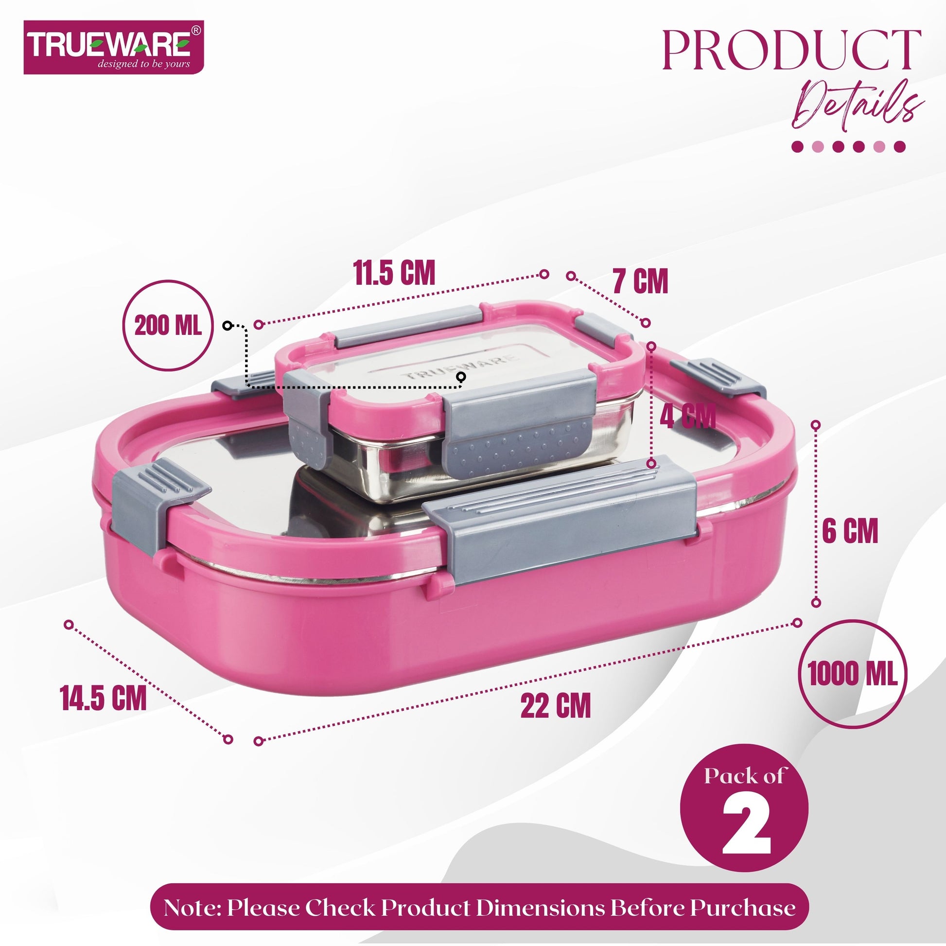 Trueware Clip Flip Lunch Box Inner Steel Outer Plastic Big Container 1000ml & Veggie Container 200ml