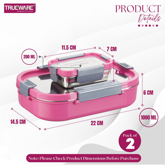 Trueware Clip Flip Lunch Box Inner Steel Outer Plastic Big Container 1000ml & Veggie Container 200ml