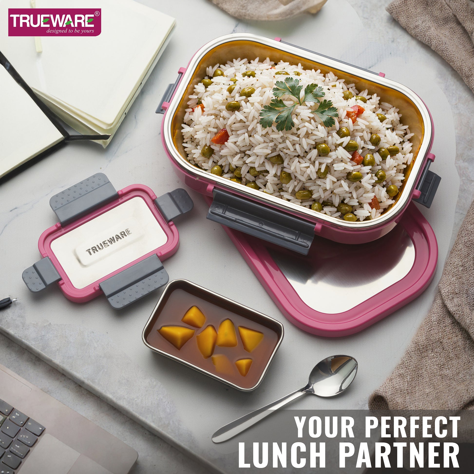 Trueware Clip Flip Lunch Box Inner Steel Outer Plastic Big Container 1000ml & Veggie Container 200ml