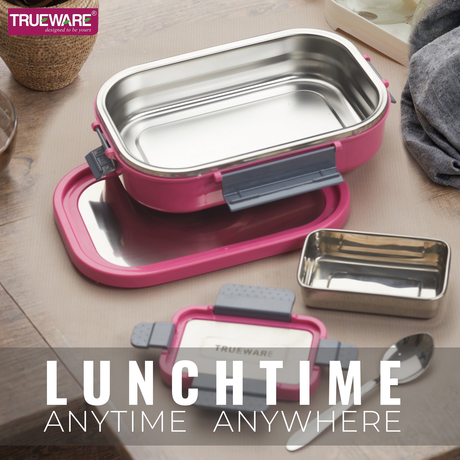 Trueware Clip Flip Lunch Box Inner Steel Outer Plastic Big Container 1000ml & Veggie Container 200ml