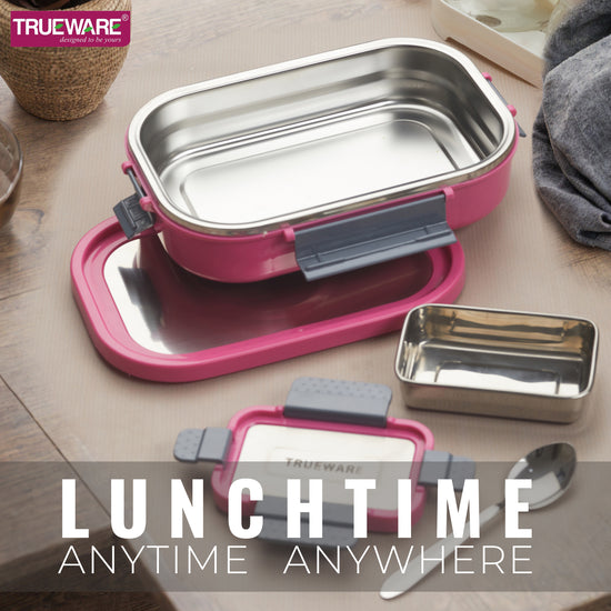 Trueware Clip Flip Lunch Box Inner Steel Outer Plastic Big Container 1000ml & Veggie Container 200ml