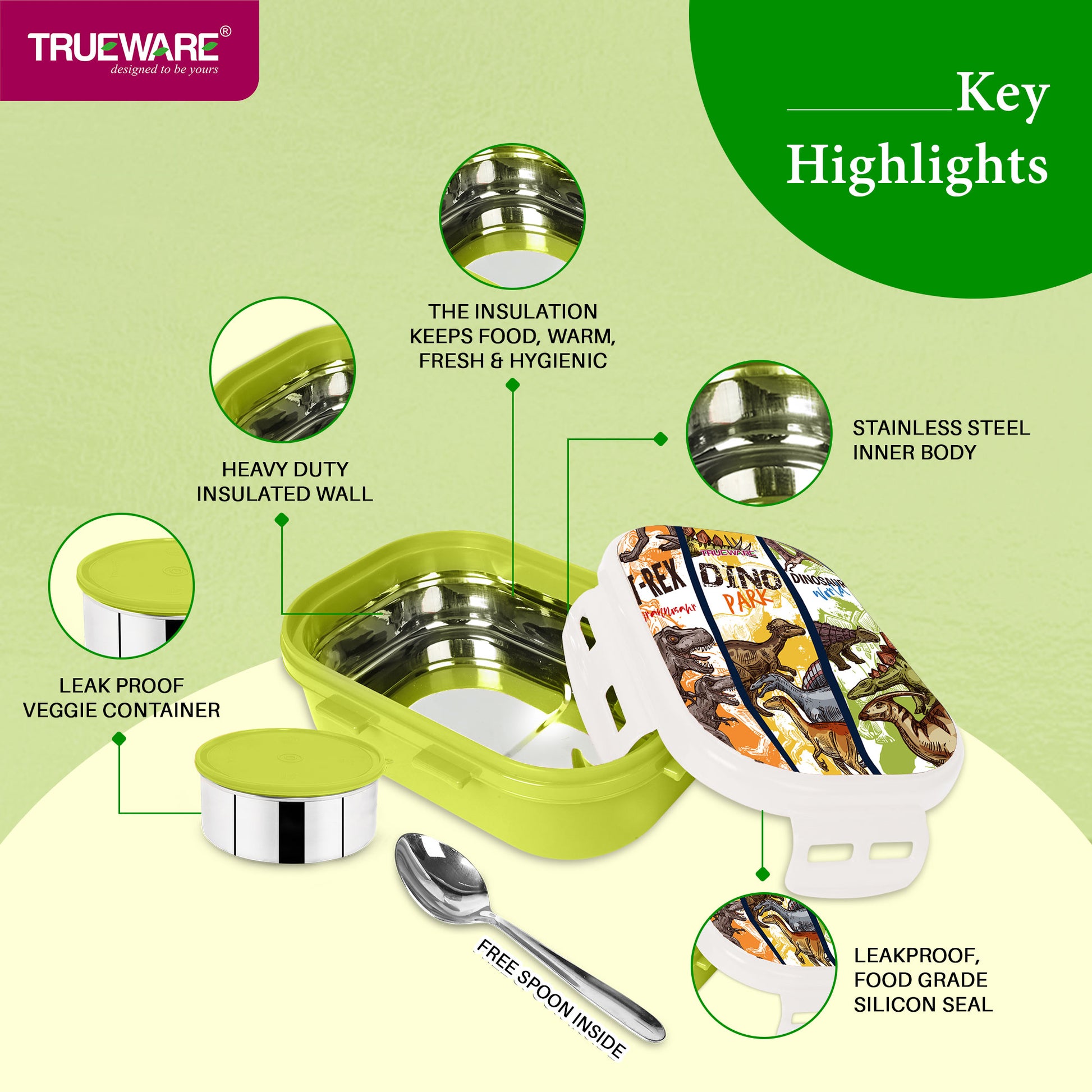 Trueware Byte Steel Lee Pu Insulated Hot Lunch Box 600ML Big Container & 150 ML Container