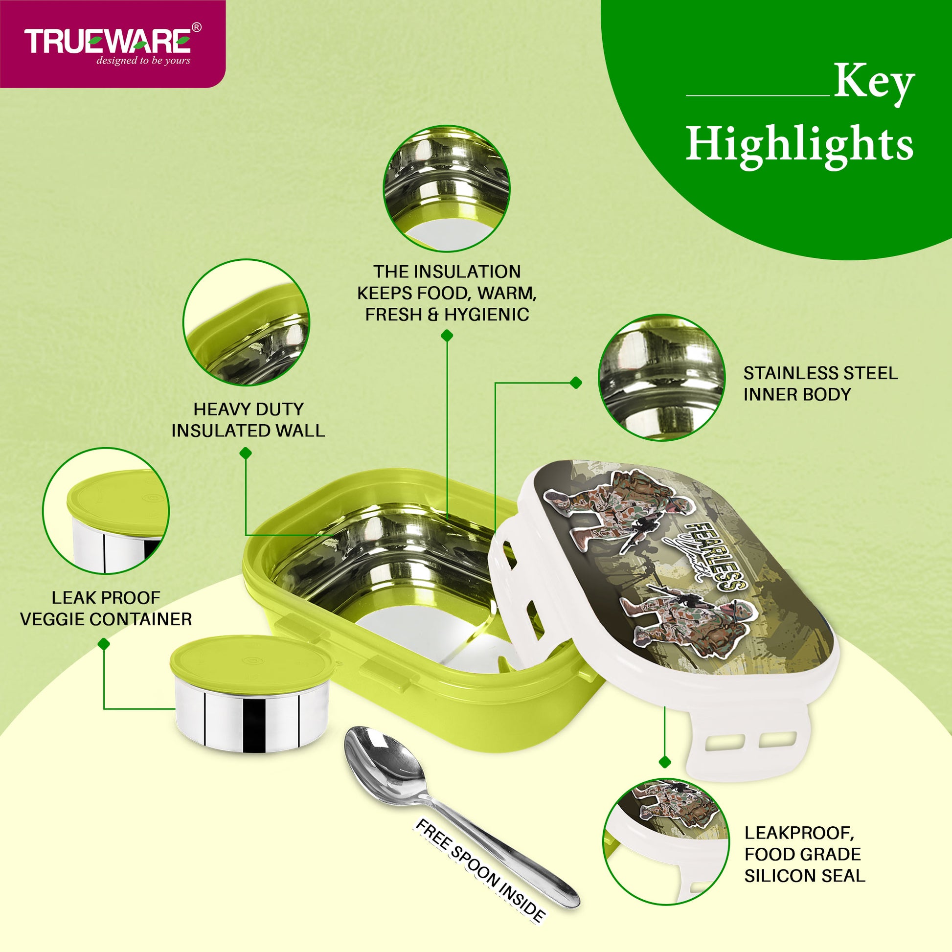 Trueware Byte Steel Lee Pu Insulated Hot Lunch Box 600ML Big Container & 150 ML Container