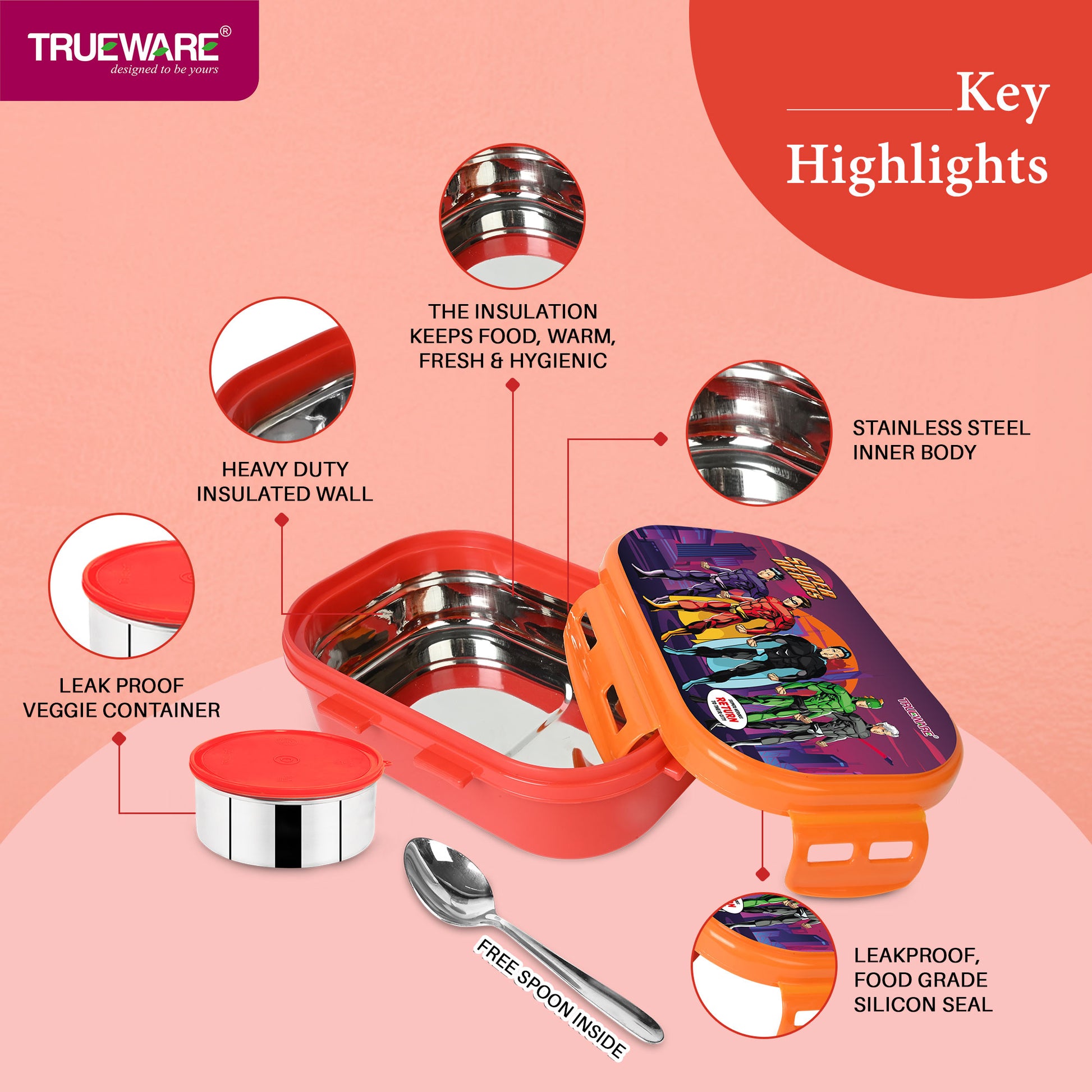 Trueware Byte Steel Lee Pu Insulated Hot Lunch Box 600ML Big Container & 150 ML Container