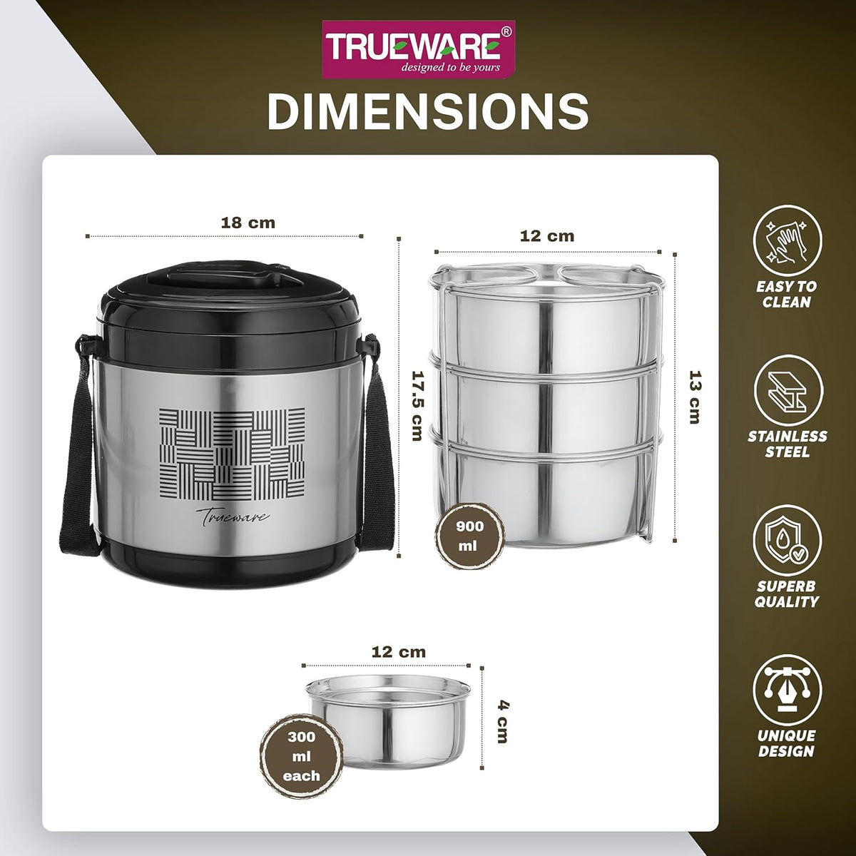 Trueware Legend 3 Stainless Steel Lunch Box | 3 × 300 ml