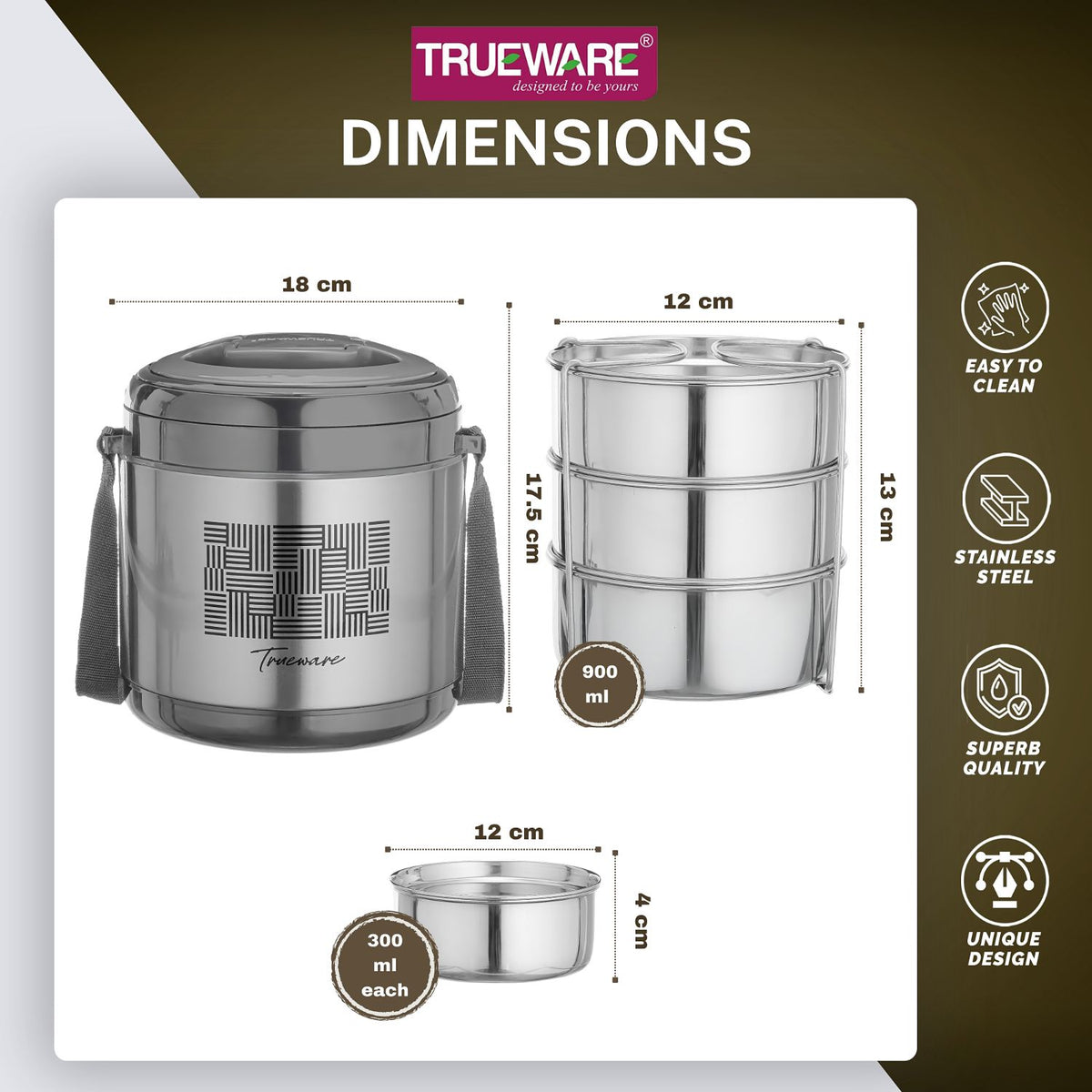 Trueware Legend 3 Stainless Steel Lunch Box | 3 × 300 ml
