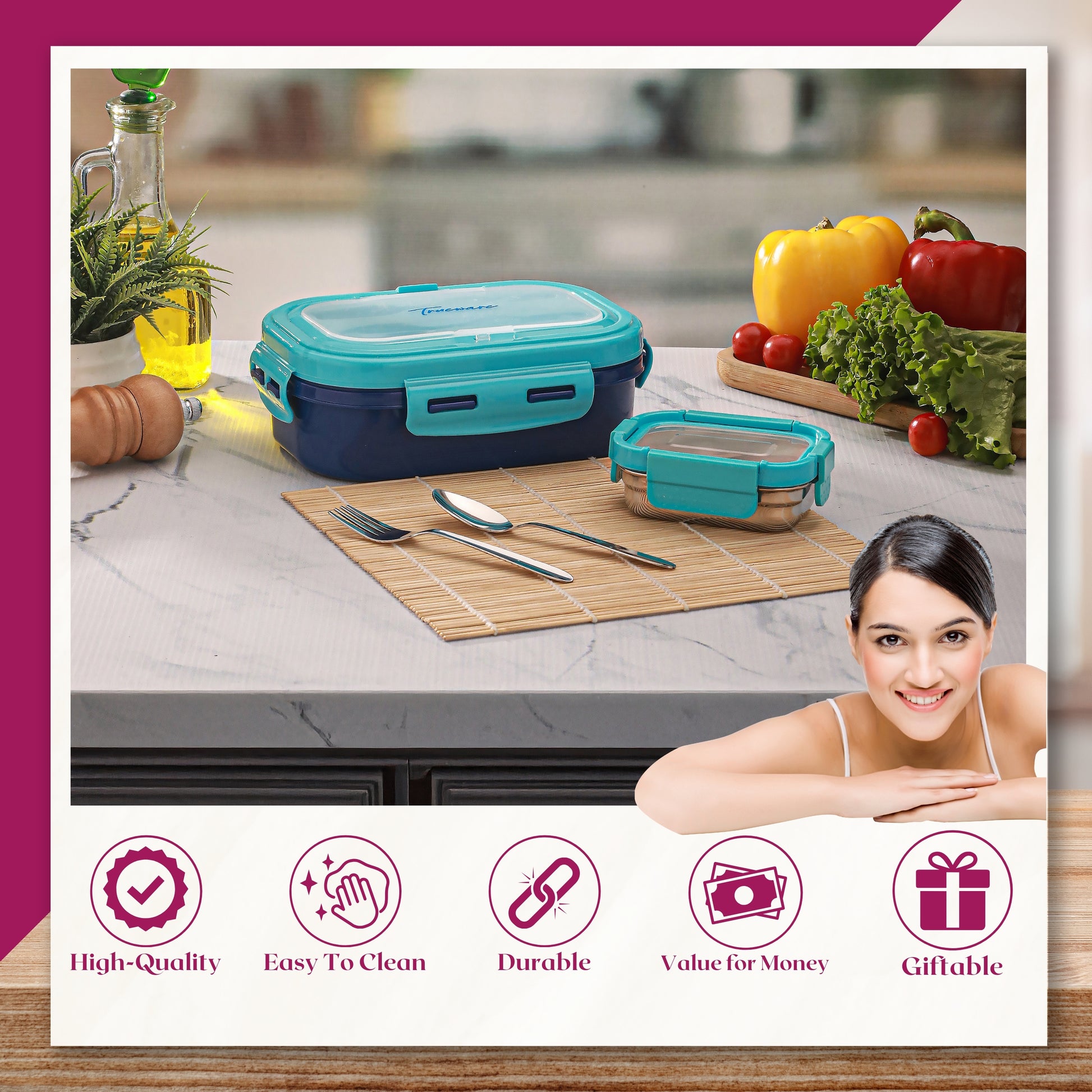 Trueware Picaso Insulated Inner Steel Thermoware BPA Free, Airtight, Food Grade, 2 Containers Lunch Box 750 ML