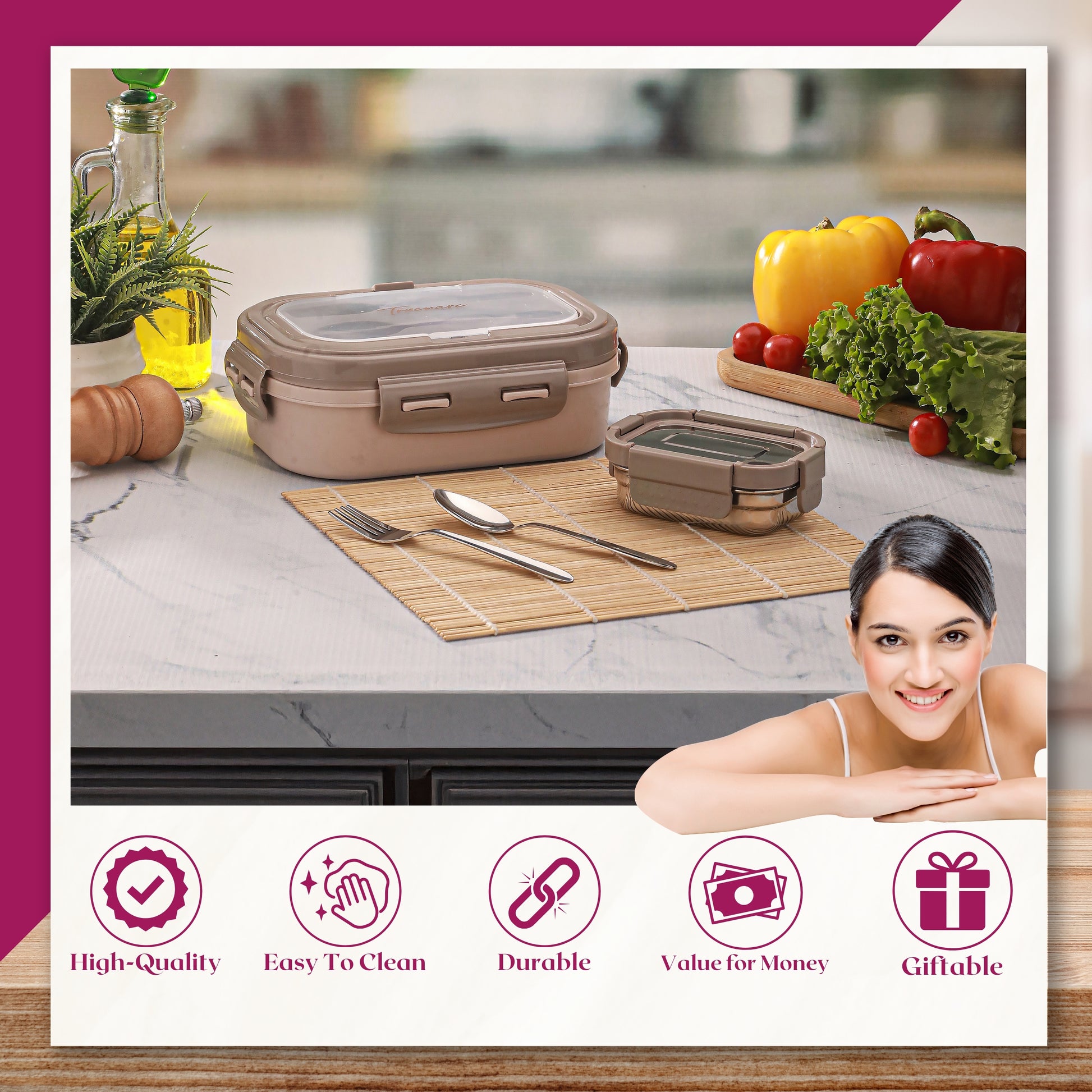Trueware Picaso Insulated Inner Steel Thermoware BPA Free, Airtight, Food Grade, 2 Containers Lunch Box 750 ML