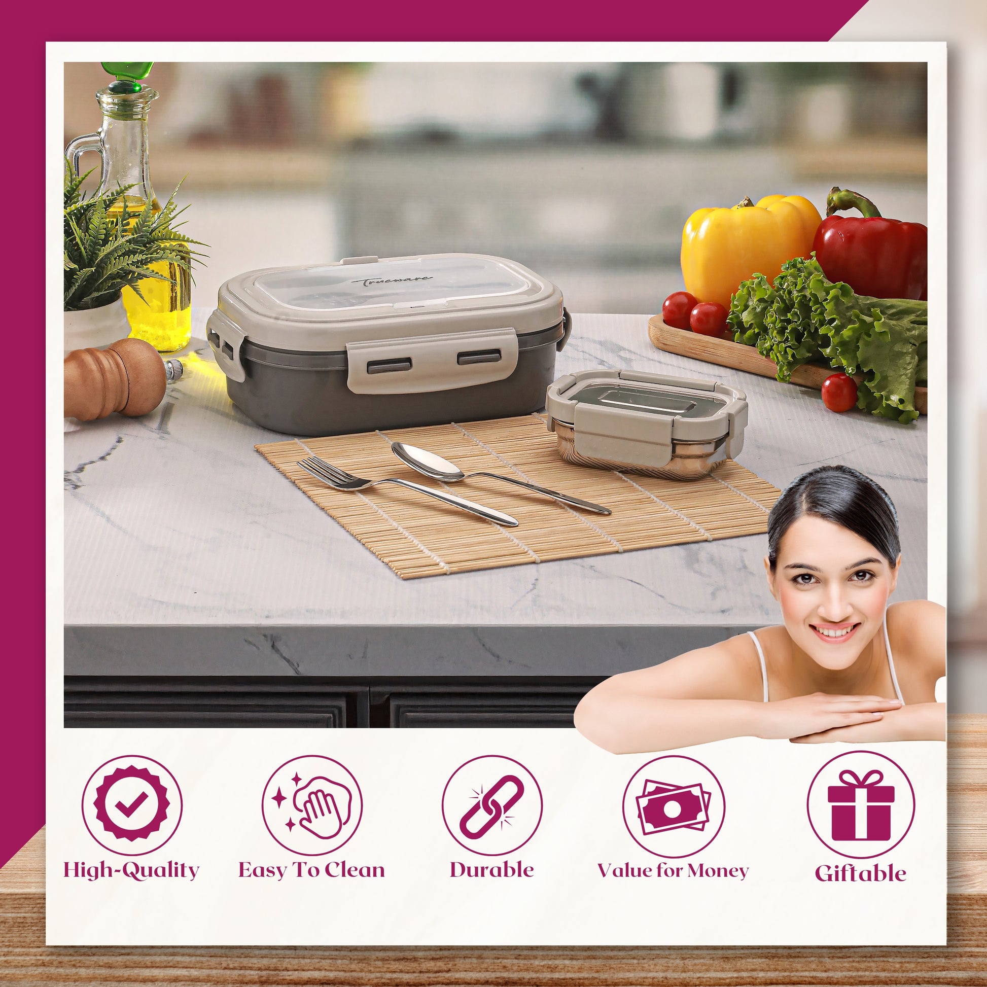 Trueware Picaso Insulated Inner Steel Thermoware BPA Free, Airtight, Food Grade, 2 Containers Lunch Box 750 ML