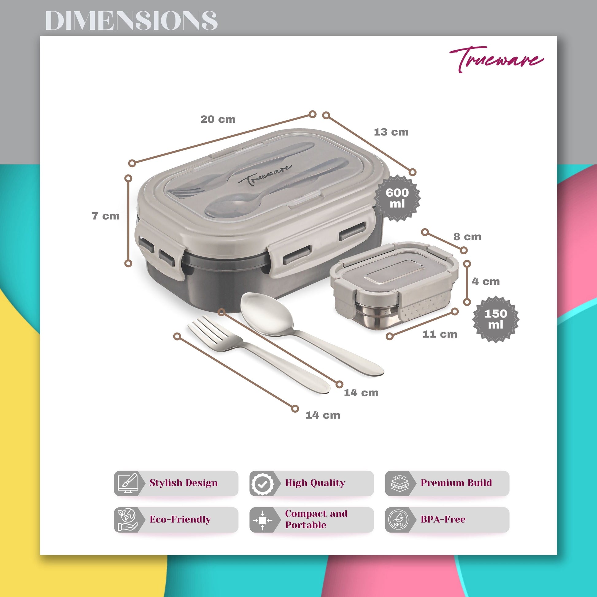 Trueware Picaso Insulated Inner Steel Thermoware BPA Free, Airtight, Food Grade, 2 Containers Lunch Box 750 ML