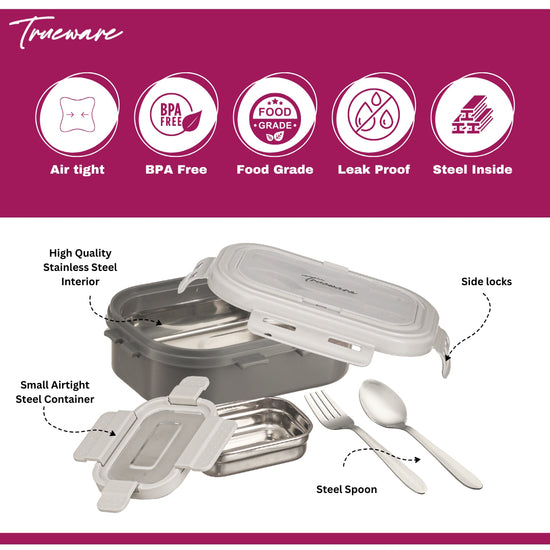 Trueware Picaso Insulated Inner Steel Thermoware BPA Free, Airtight, Food Grade, 2 Containers Lunch Box 750 ML