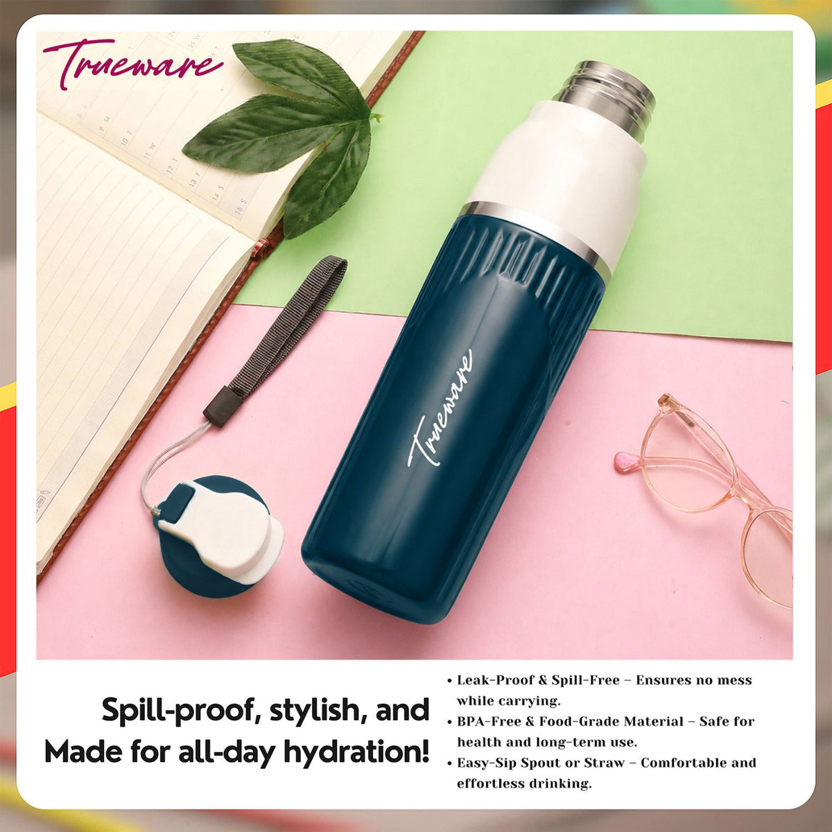 Trueware Aqua Snow Inner Stainless Steel Water Bottle | 600 ml