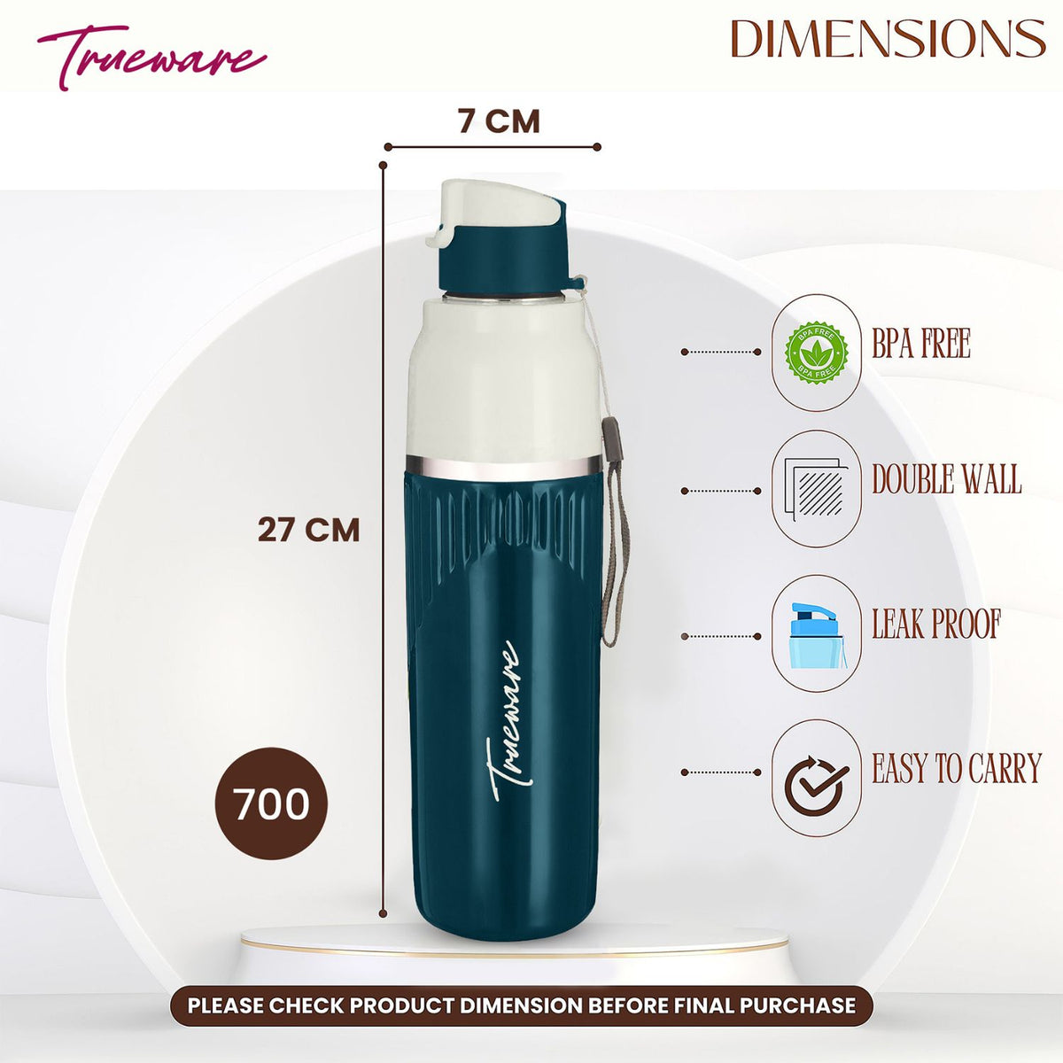 Trueware Aqua Snow Inner Stainless Steel Water Bottle | 600 ml