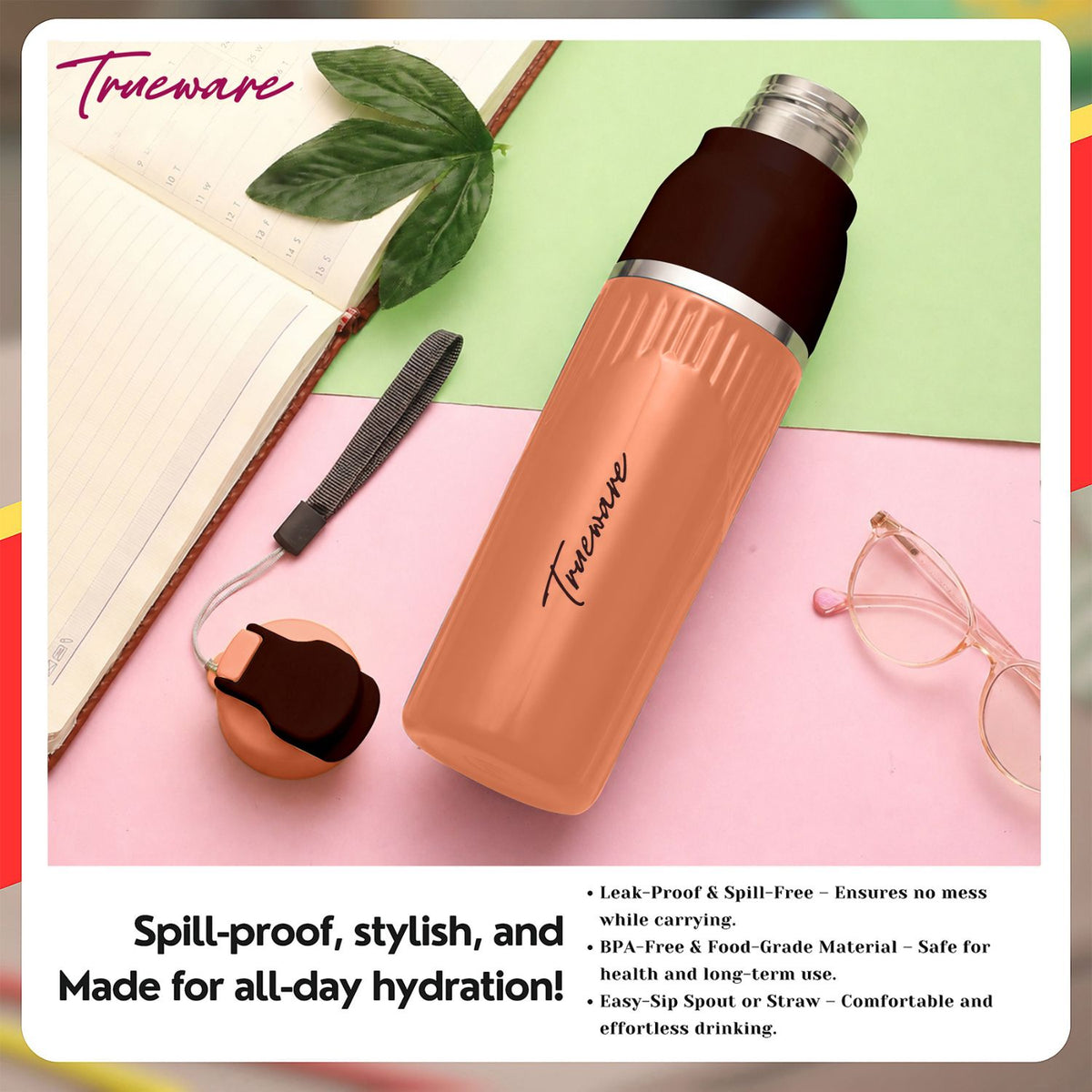 Trueware Aqua Snow Inner Stainless Steel Water Bottle | 600 ml