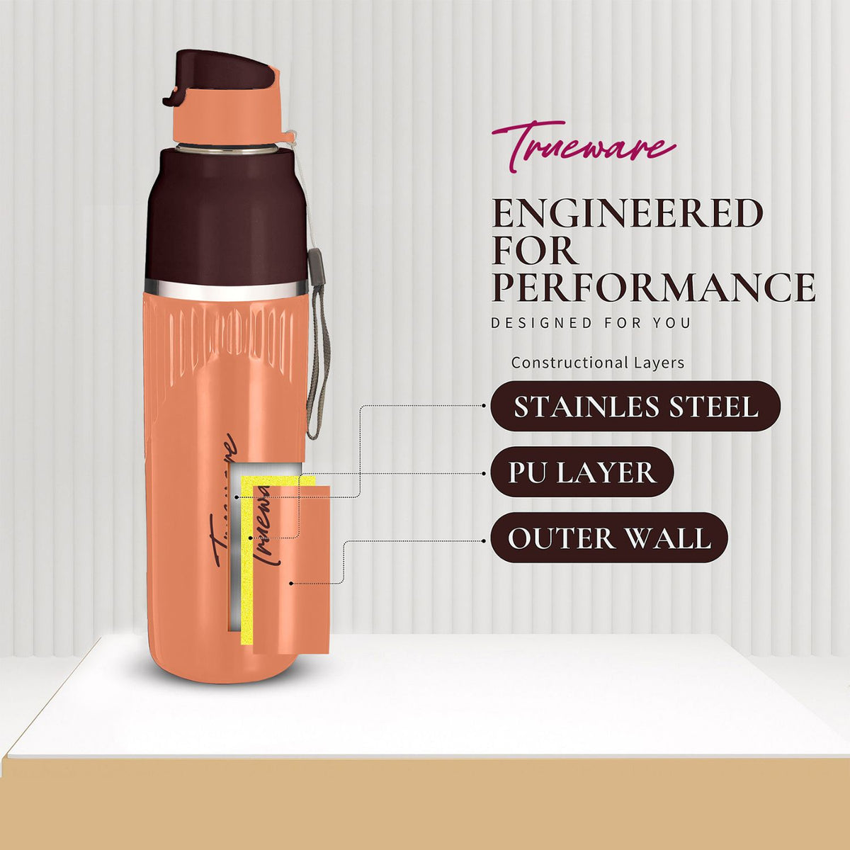 Trueware Aqua Snow Inner Stainless Steel Water Bottle | 600 ml