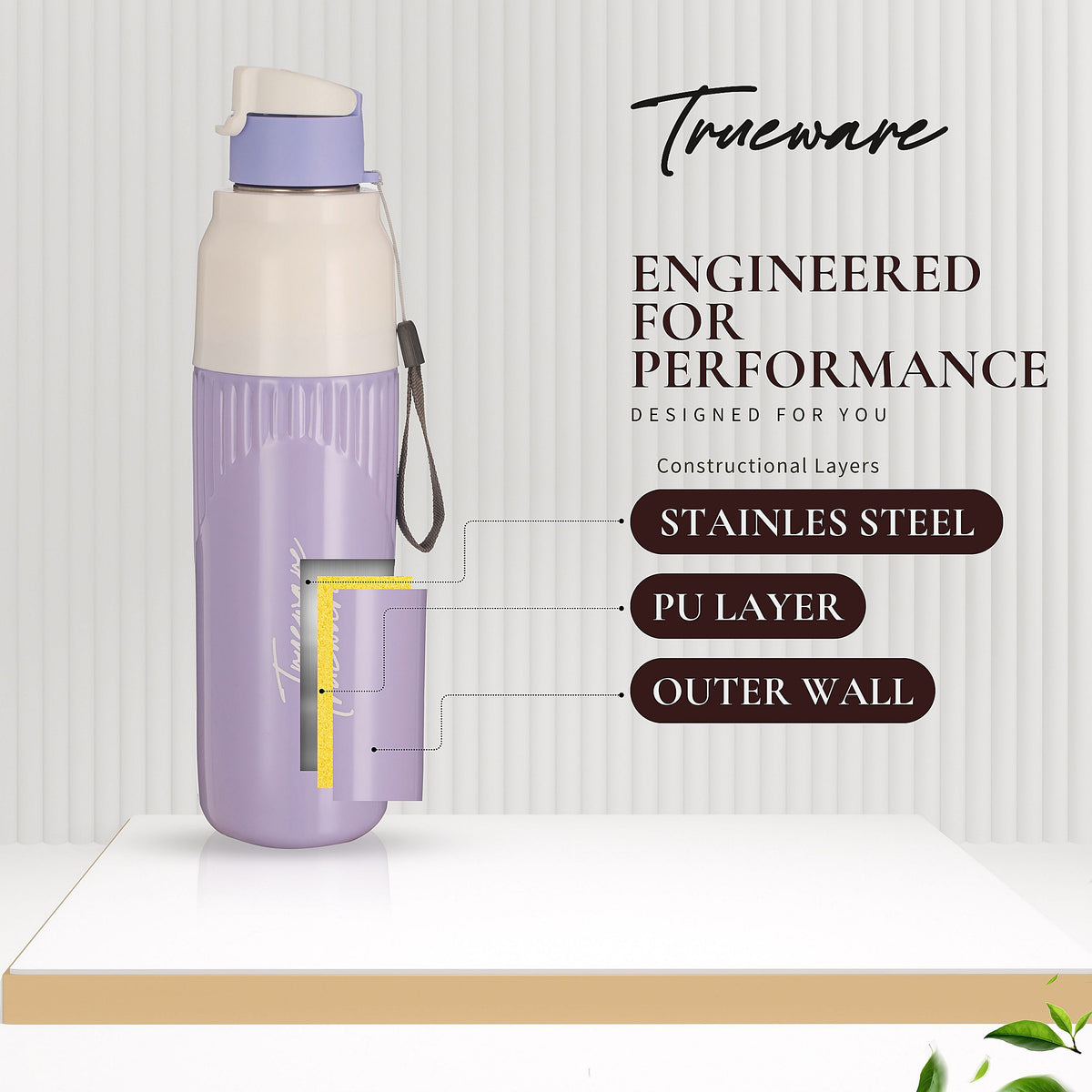Trueware Aqua Snow Inner Stainless Steel Water Bottle | 600 ml